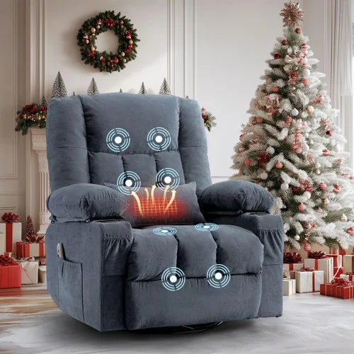Silla reclinable giratoria para adultos, reclinable mecedora con masaje por vibración y calor lumbar, mecedora ergonómica con bolsillo lateral, 2