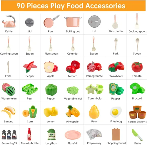 Miniatura 3 de Juego de 90 accesorios de cocina, cocina de simulación con ollas, sartenes, utensilios de cocina, alimentos, frutas, verduras, cestas de Rosa
