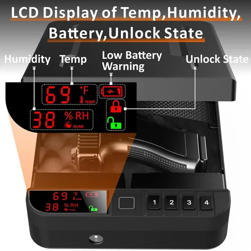 Miniatura 4 de Z ZLJUAN - Caja fuerte portátil para armas y pistolas con pantalla LCD de temperatura, humedad, huella digital biométrica, cerradura con teclado