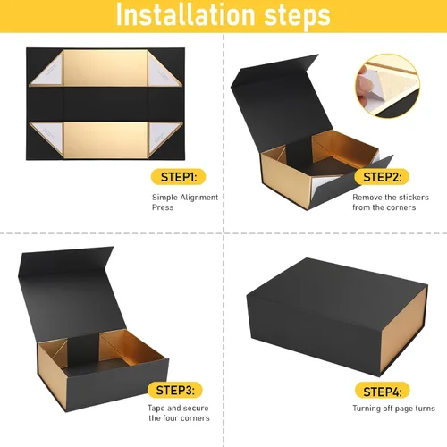 Miniatura 2 de Ditwis Caja de regalo de 12x9x4 pulgadas con tapa de cierre magnético, caja magnética negra y dorada para boda, propuesta de padrinos y damas
