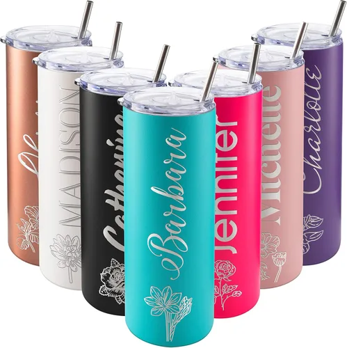 Miniatura 12 de Vaso delgado personalizado, popote, tapa y cepillo incluidos, oro rosa de 20 onzas, regalos personalizados para mujeres, regalo para mamá, vaso