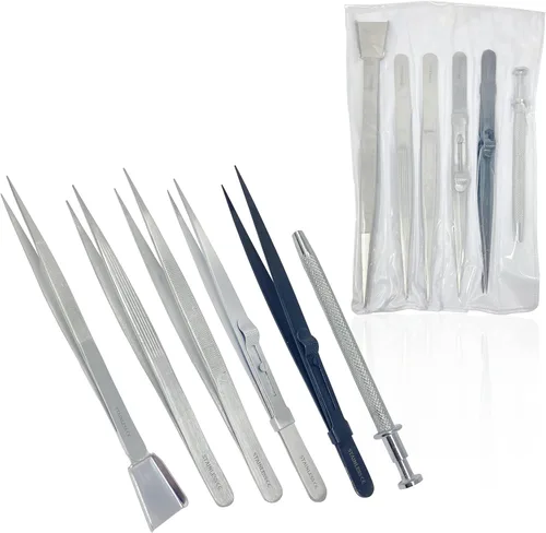 Miniatura 9 de Cynamed Juego de herramientas de pinzas de precisión para pasatiempos, kit de pinzas largas de acero inoxidable, pinzas curvadas para electrónica