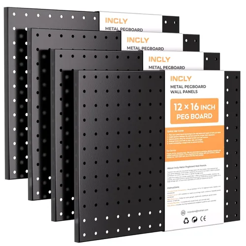 INCLY Paquete de 4 tableros de clavijas, paneles de metal más gruesos y resistentes de 12 x 16 pulgadas, organizador de pared negro, paneles de