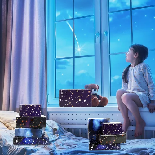 Miniatura 6 de 12 hojas de papel de regalo de galaxia, no enrollado, papel de regalo de constelación de cielo estrellado azul y morado, plegado plano