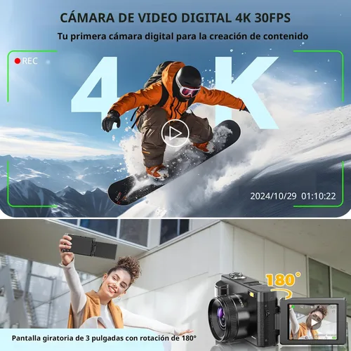 Miniatura 2 de Duluvulu Cámara digital 4K para enfoque automático de fotografía, cámara de video de 48 MP para YouTube con tarjeta SD, 2 baterías, cámara compacta
