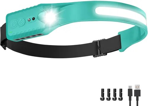 Nessciera Linterna LED recargable (Azul), 400 lúmenes, haz ancho de 230°, USB-C, IPX4, 5 modos — Banda ajustable ligera; clips para casco para