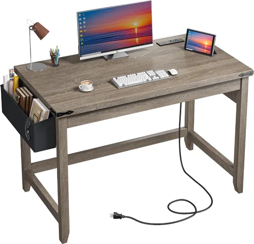 Miniatura 6 de EnHomee Escritorio rústico de 32 pulgadas, escritorio pequeño para dormitorio con toma de corriente y bolsa de almacenamiento, escritorio resistente