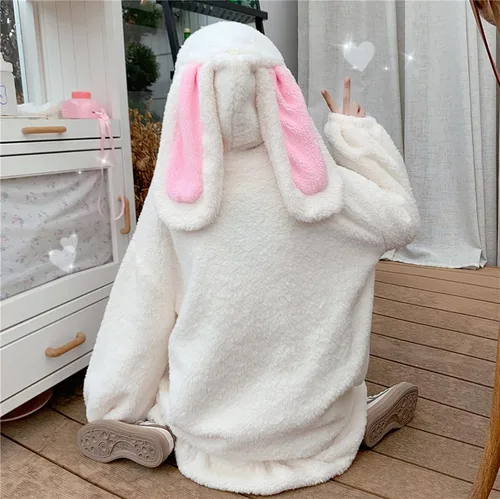 Miniatura 7 de Sudadera con capucha para mujer con orejas de conejo de manga larga mullida mullida con capucha abrigos