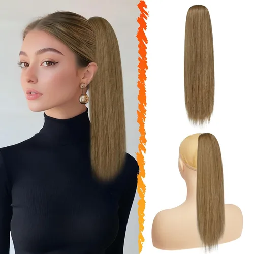 Miniatura 13 de BARSDAR Extensión de cola de caballo corta y recta - Extensiones de pelo con cordón de 16 pulgadas, rubio para mujeres - Extensiones de pelo Rubio