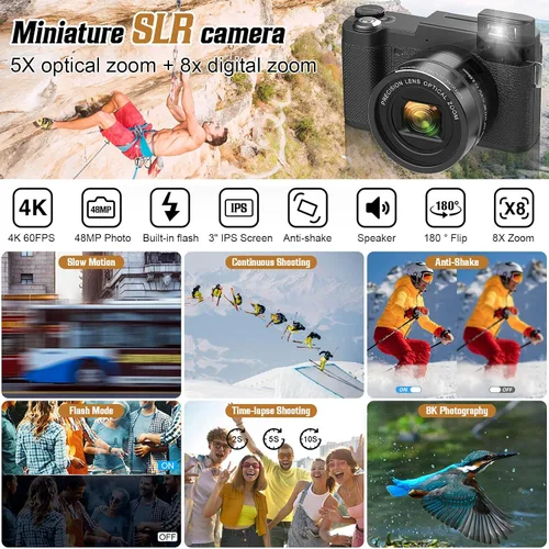 Miniatura 2 de Cámara digital 4K para fotografía, enfoque automático, cámara de vlogging de 48 MP para YouTube, cámara compacta de zoom digital 8X, pantalla de 3