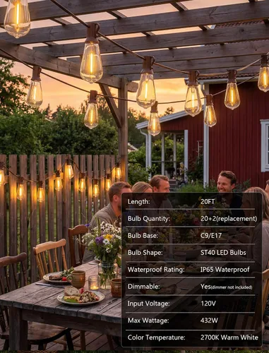 Miniatura 4 de Guirnalda de luces LED ST40 de 20 pies, luces vintage Edison para patio con 22 bombillas inastillables, luces colgantes impermeables para Marrón