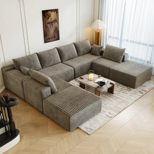Miniatura 30 de Sofá seccional modular de 139.4", sofás minimalistas en forma de U con 2 otomanas chaise, sofá cama convertible moderno de asiento profundo, tela