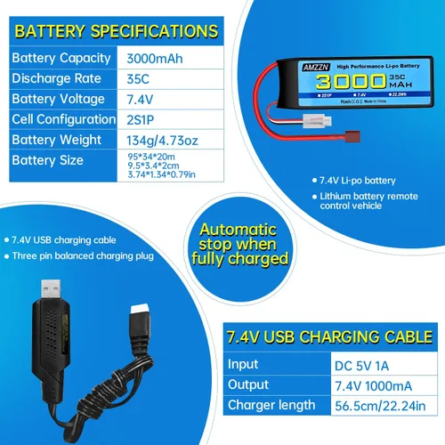 Miniatura 3 de Batería Lipo de 7.4V 3000mAh 35C 2S T-Plug con cable de carga USB para coche RC, modelo de camión, barco de control remoto, RC Quadcopter Qircraft