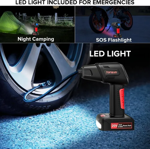 Miniatura 5 de Tonsim Inflador de neumáticos inalámbrico de 20 V, compresor de aire portátil con batería recargable, adaptador de 12 V CC, manómetro digital y luz