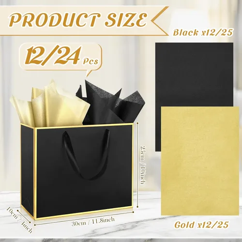 Miniatura 2 de ReliThick Paquete de 24 bolsas de regalo de papel metálico con asas y papel de seda de 11.8 x 10 x 4 pulgadas, bolsa de agradecimiento para Negro