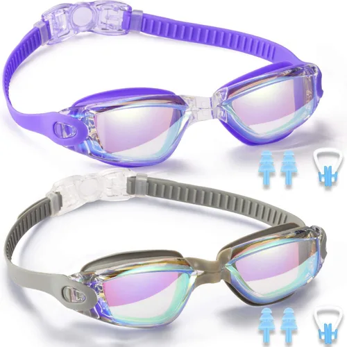Gafas de natación, paquete de 2 gafas de natación para adultos, hombres, mujeres, jóvenes, niños Morado/Gris (espejo).