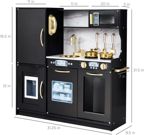 Miniatura 7 de Best Choice Products Juego de juguetes de madera para niños con diseño realista, teléfono, utensilios, horno, microondas, fregadero - negro