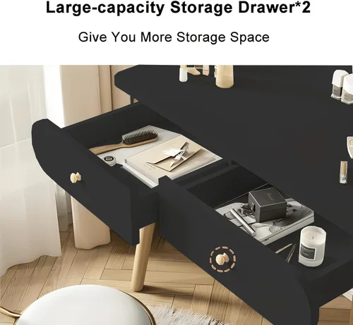 Miniatura 4 de Juego de mesa de tocador de maquillaje con espejo, tablero de fibra de densidad media, moderno escritorio de maquillaje con 2 cajones y 2 estantes