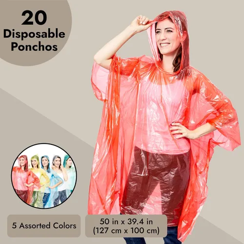 Miniatura 5 de Juvale Ponchos de lluvia para adultos, tamaño único (50 x 39.4 pulgadas), plástico con capucha, 5 colores vibrantes, paquete familiar de 20 ponchos