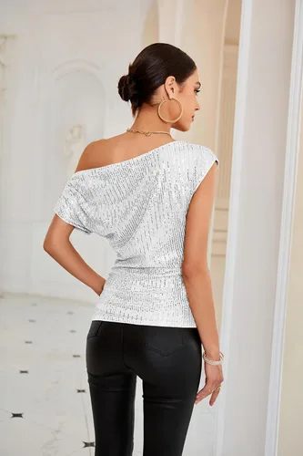Miniatura 3 de GRACE KARIN Blusas brillantes de lentejuelas de un hombro para mujer, con purpurina asimétrica fruncida, adelgazante, camisas de fiesta brillantes