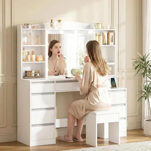 Miniatura 4 de HEXCELEN Tocador Grande de 47.2 Pulgadas con Espejo, Tocador con Luz LED, Tocador de Maquillaje con Regleta de Enchufes, 8 Cajones y 8 Estantes