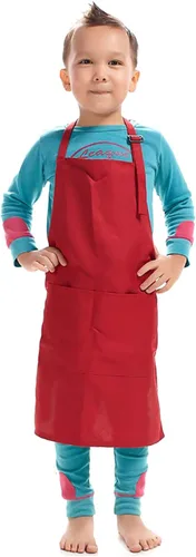 Niños Art Smock Niños Pintura Babero Delantal Kit Artesanía 2 Bolsillos Espaciosos Rojo oscuro