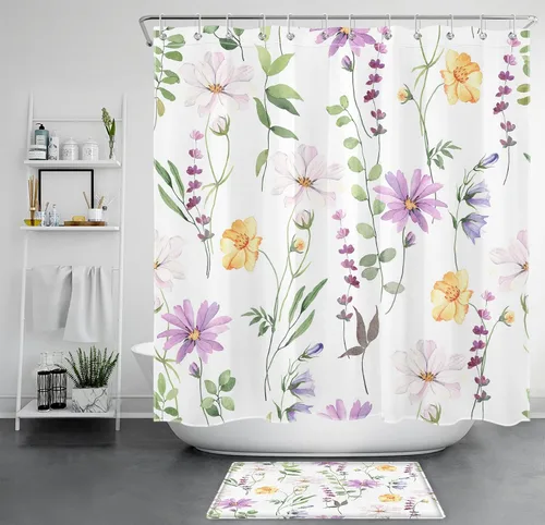 Miniatura 32 de Cortina de ducha de flores silvestres amarillas, moradas, florales y verde salvia con hojas de eucalipto sobre blanco, juego de cortina de ducha