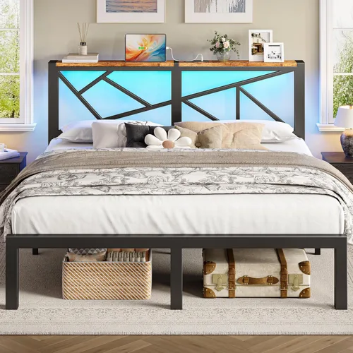 Miniatura 13 de ChicZhiNest Armazón de cama de metal negro tamaño twin con estación de carga USB, iluminación ambiental LED y cabecera de almacenamiento de madera