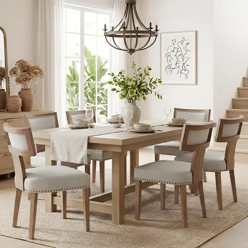 Miniatura 25 de HNY Juego de 2 sillas de comedor de ratán modernas de mediados de siglo, silla decorativa tapizada de lino de granja, sillas de cocina con respaldo