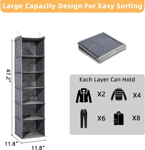 Miniatura 2 de Paquete de 2 organizadores colgantes para armario, estantes colgantes de 6 niveles para armario con inserciones de bambú resistentes, color gris