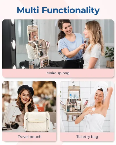 Miniatura 4 de BAGSMART Neceser de viaje para maquillaje con gancho para colgar, bolsa de cosméticos, organizador de gran capacidad, resistente al agua, para Beige