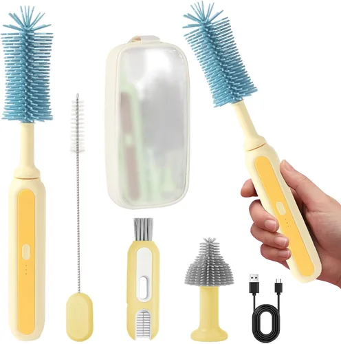 Miniatura 10 de Limpiador eléctrico de cepillos para biberones, kit de viaje 5 en 1 con bolsa de almacenamiento, silicona de grado alimenticio, batería de larga