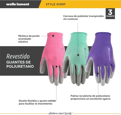 Miniatura 3 de Wells Lamont Guantes de jardinería para mujer, poliéster transpirable, ajuste sin costuras, palma recubierta de poliuretano para agarre