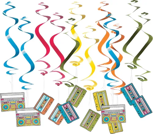 Fun Express Decoraciones colgantes de remolinos Totally 80 – Decoración de fiesta de 1980 – Suministros para la escuela bíblica de vacaciones VBS –