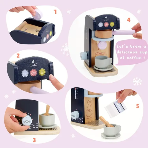 Miniatura 5 de PairPear Juego de simulación de cafetera de madera, máquina de espresso polar de 13 piezas con comida de juguete para niños, juguetes de madera