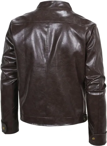 Miniatura 4 de Aipengry Chaqueta de piel sintética para hombre, cuello alto, piel sintética, con cremallera completa, chaqueta casual para motocicleta, abrigo