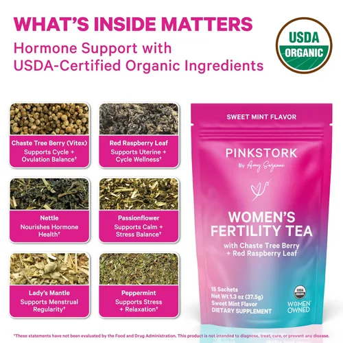 Miniatura 3 de Pink Stork - Té de fertilidad para la concepción y el equilibrio hormonal con menta orgánica, Vitex y hoja de frambuesa roja, sin cafeína, menta