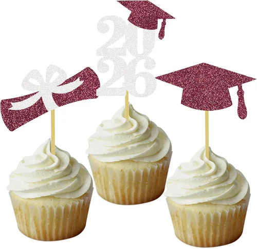 Miniatura 24 de Decoración para cupcakes de graduación, decoración de fiesta de graduación, selecciones de alimentos, felicitaciones, tapa de diploma con purpurina