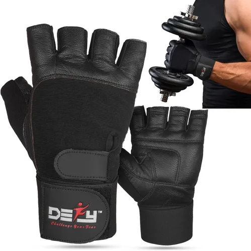 Miniatura 2 de DEFY - Guantes de levantamiento de pesas acolchados con muñequera de 13 pulgadas de largo, guantes de gimnasio de cuero genuino para levantamiento