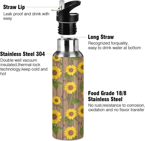 Miniatura 3 de Sunflowers Green Leaves Insulated Stainless Steel Water Bottle with Straw 20 Oz, BPA-Free Sport Water Bottle Insulated Leakproof Water Bottles
