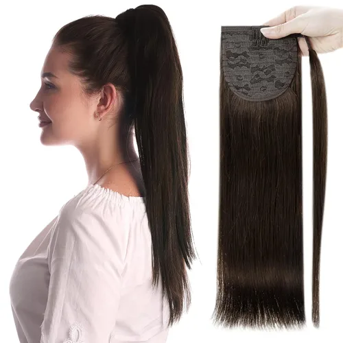 Miniatura 20 de Full Shine - Extensión de cola de caballo con clip, color marrón oscuro con mechas rubio miel, extensión de cabello humano real para mujeres, 14