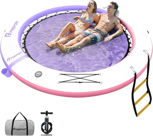 Miniatura 13 de FBSPORT Hamaca inflable de agua redonda flotante, 10/8/6 pies, plataforma flotante para lago con portavasos, flotador solar, balsa fría, anillo