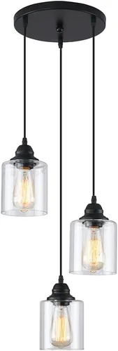 Lámpara colgante industrial de 3 luces con pantalla de vidrio, color negro mate, iluminación colgante ajustable estilo industrial retro, lámpara