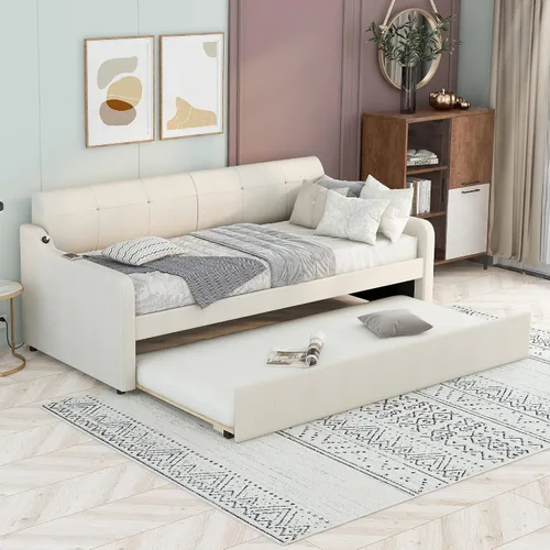 Miniatura 3 de MERITLINE Sofá cama de tapicería de tamaño individual con nido y diseño de carga USB, nido puede ser plano o erigido, sofá cama con tablas,