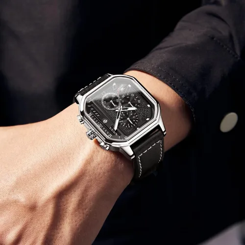 Miniatura 3 de OLEVS Chronograph Watch for Men, Men Leather Watch Big Face, Waterproof Men's Quartz Watch with Date, BlackWhiteGoldBlue Dial