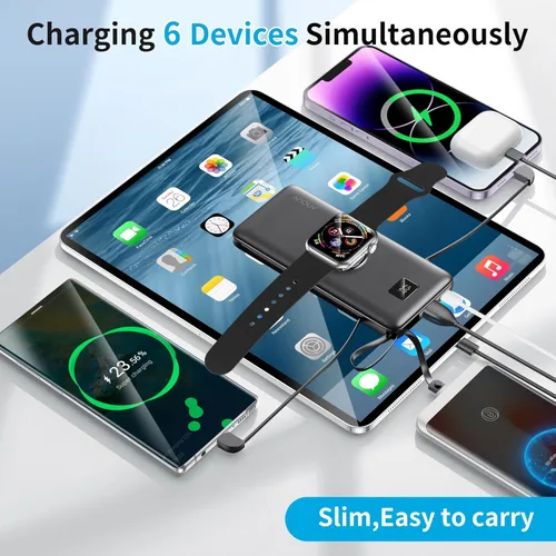 Miniatura 5 de Portable Charger Built-in Cables, AC Wall Plug and Magnetic Wireless iWatch Charger, 10000mAh 22.5W PD Fast Charging Power Bank, Compact Battery