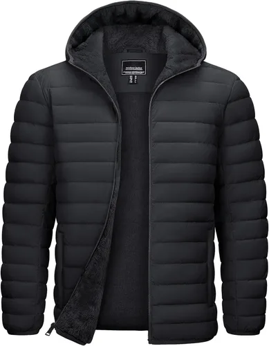 Miniatura 13 de TACVASEN - Chaqueta acolchada con capucha para hombre. Forro de sherpa, resistente al agua, cortaviento, aislada. Chaqueta abrigada para invierno
