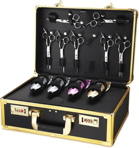Miniatura 8 de Noverlife Estuche de transporte de peluquero dorado con bloqueo de contraseña, 16 x 11 x 6 pulgadas, caja de almacenamiento de herramientas de corte
