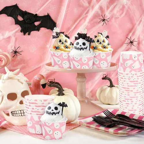 Miniatura 7 de Whaline 50 tazas desechables de fantasma de Halloween, lindos cuencos desechables de 9 onzas, cuencos de papel para postre de helado para dulce