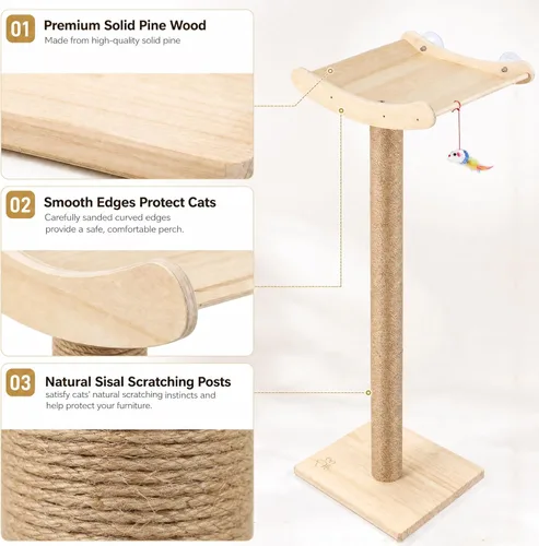 Miniatura 7 de Percha para gatos de ventana con postes rascadores, cama de árbol de madera de 46 pulgadas para gatos grandes Maine Coon para posarse y descansar